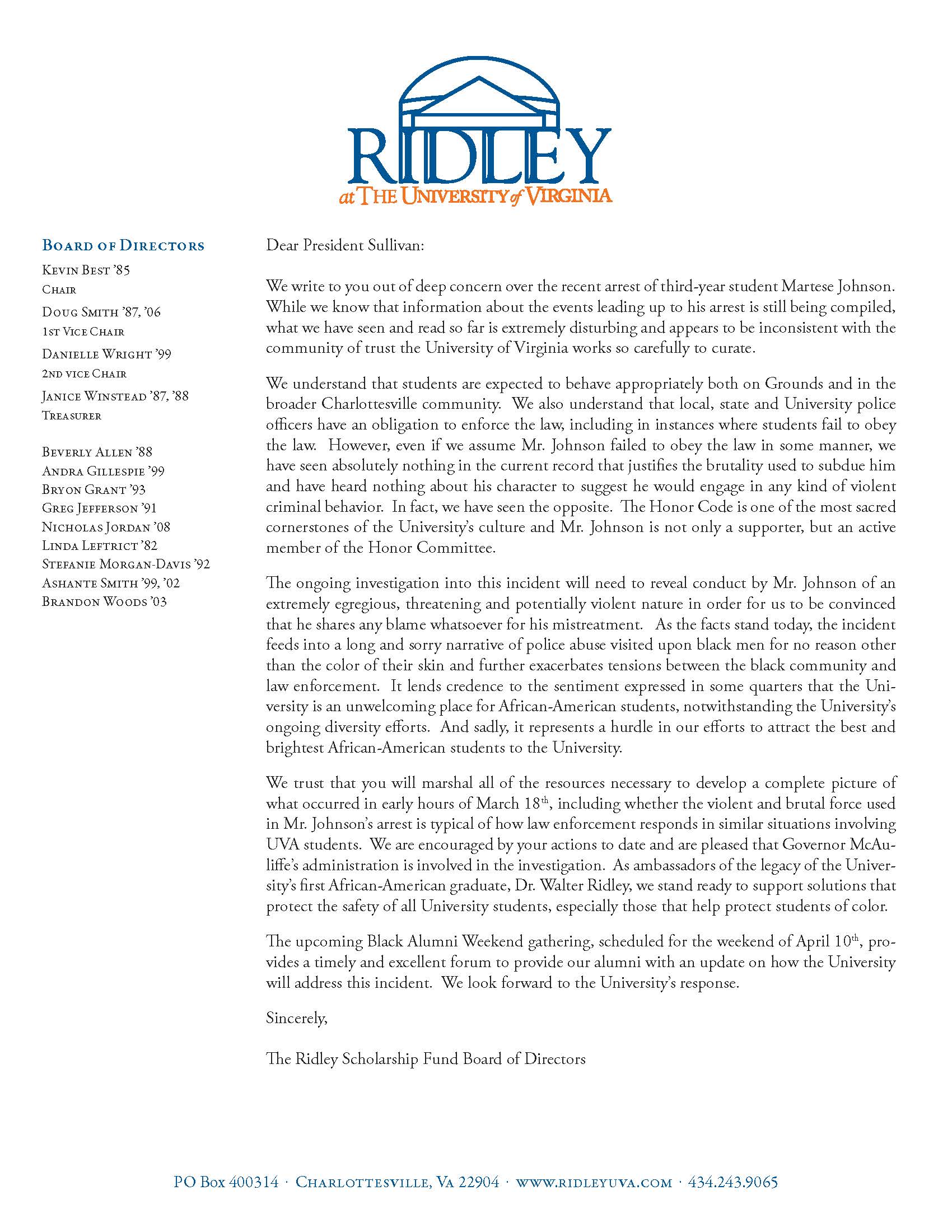 Letter sent from the Ridley Scholarship Fund Board of Directors to University President Sullivan regarding the arrest of third-year student Martese Johnson.
