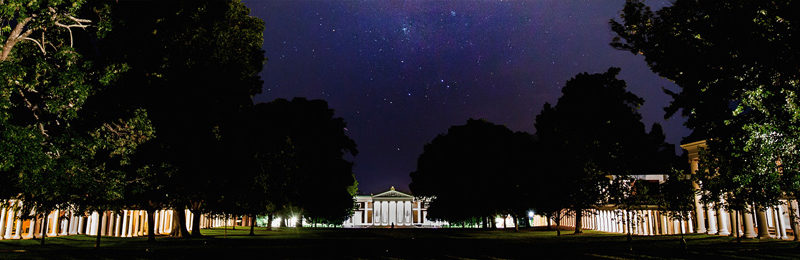 The south end of the UVA Lawn at night