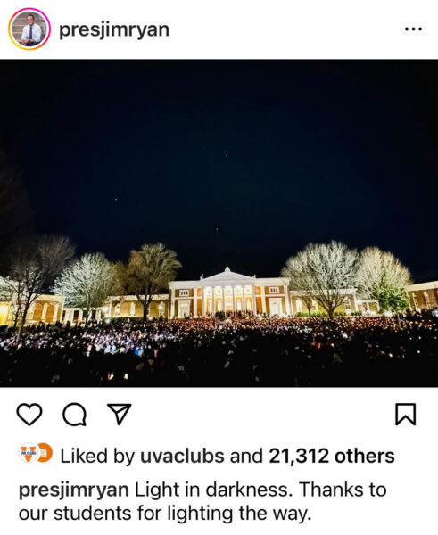 Instagram post from presjimryan of the candlelight vigil on the South Lawn on November 14