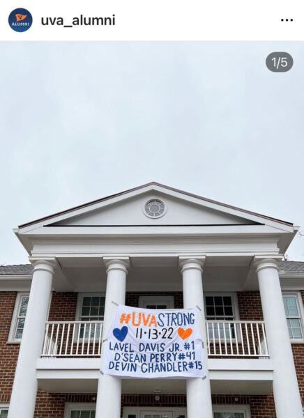Instagram post from uva_alumni showing a house with a #UVAstrong banner